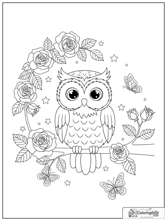 Cute owl sitting on a branch surrounded by roses coloring page