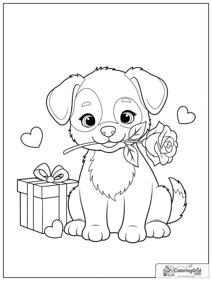Cute puppy holding a rose in its mouth coloring page