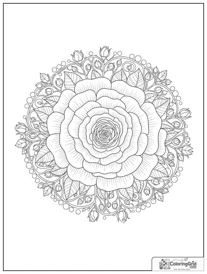 Detailed rose flower mandala coloring page