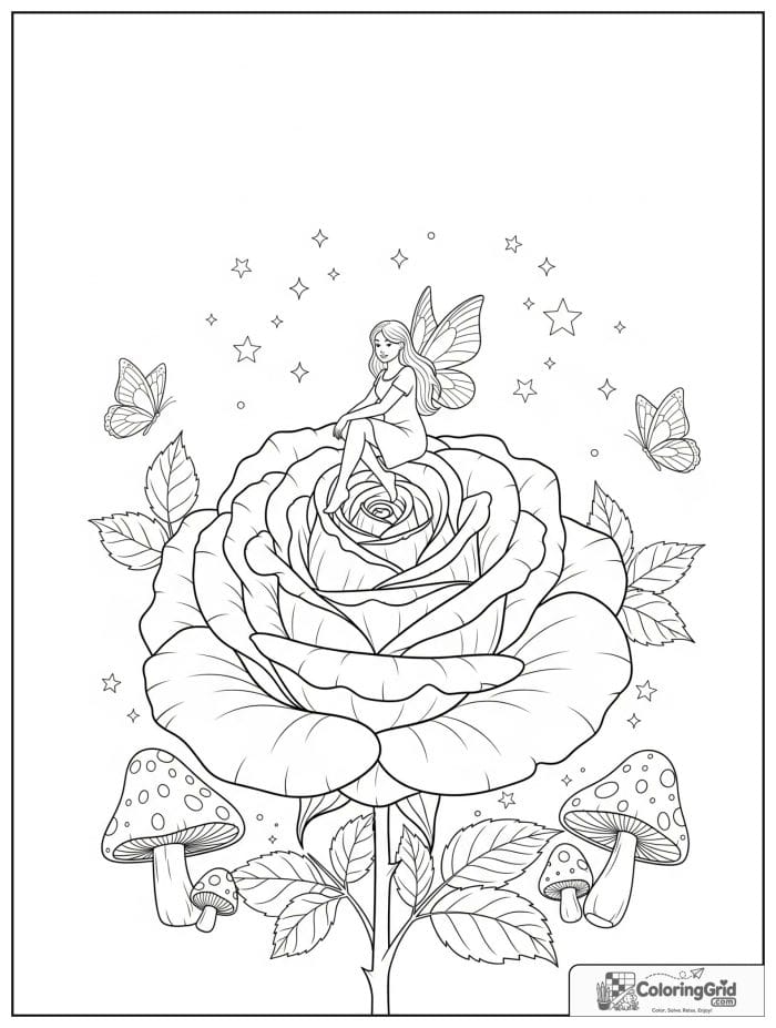 Fairy sitting on a giant rose flower coloring page
