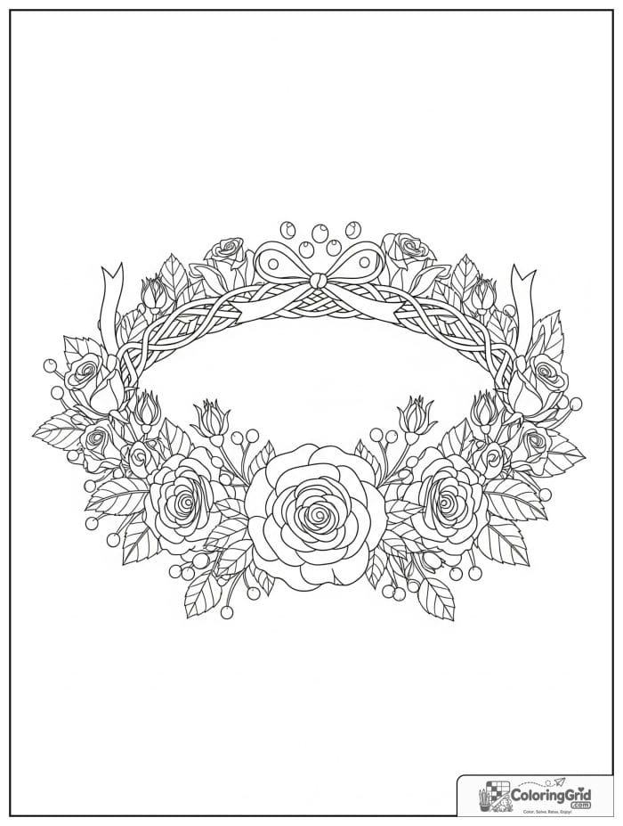 Fancy rose crown with blooming roses and ribbons coloring page