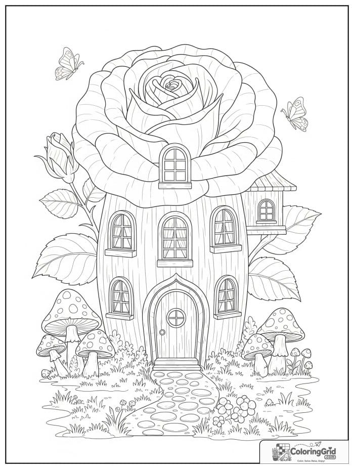 Fantasy rose house shaped like a giant rose bloom coloring page