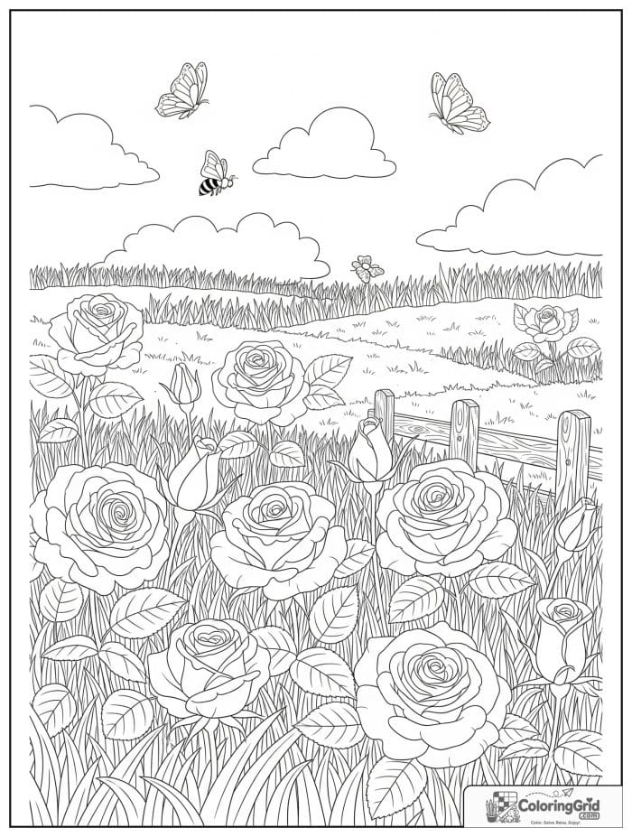 Field of roses with butterflies and bees coloring page