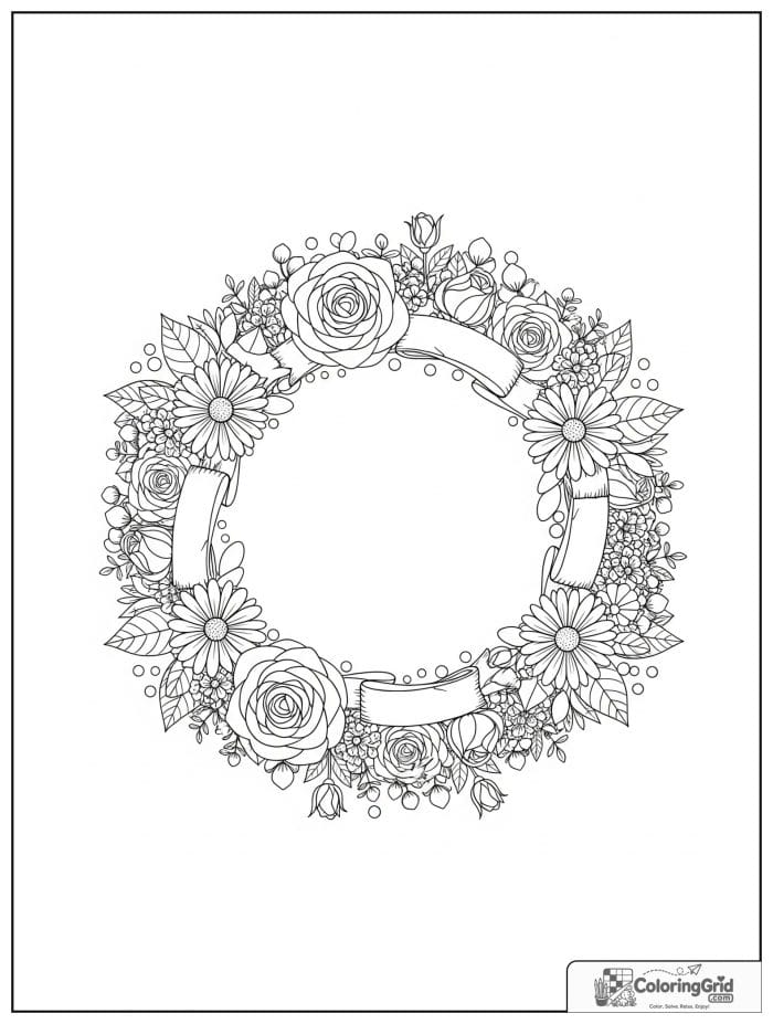Flower crown mandala coloring page with roses and daisies