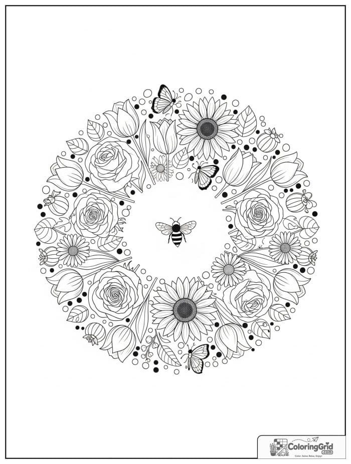 Garden flower mandala coloring page with roses tulips and sunflowers