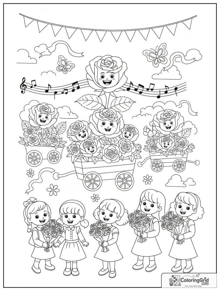 Joyful rose parade with smiling roses coloring page