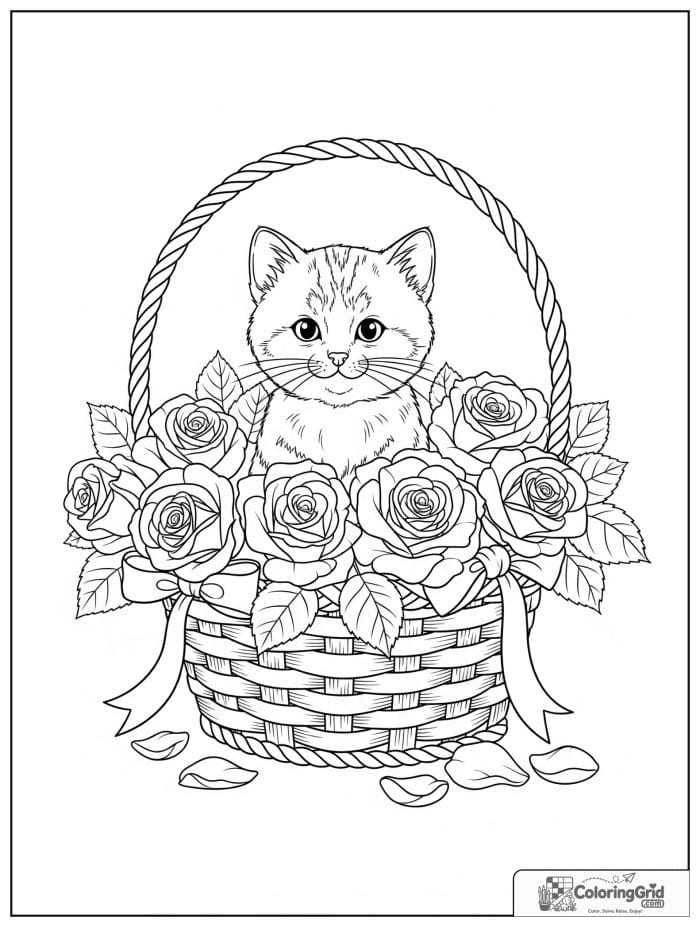 Cute kitten sitting inside a basket of roses coloring page