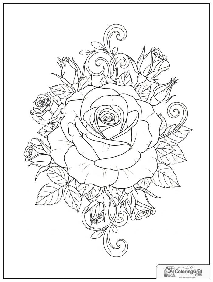 Large rose with open petals and smaller rosebuds coloring page