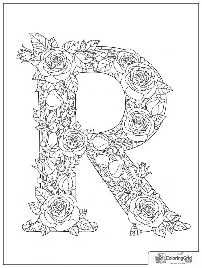 Letter R decorated with roses and vines coloring page