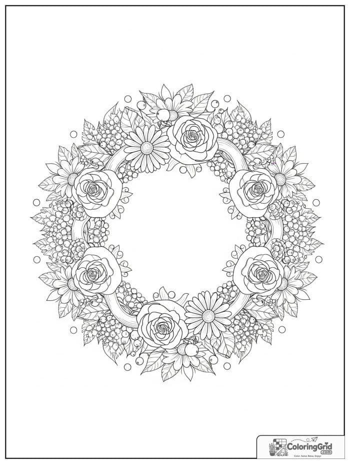 Mandala flower wreath coloring page with roses and daisies