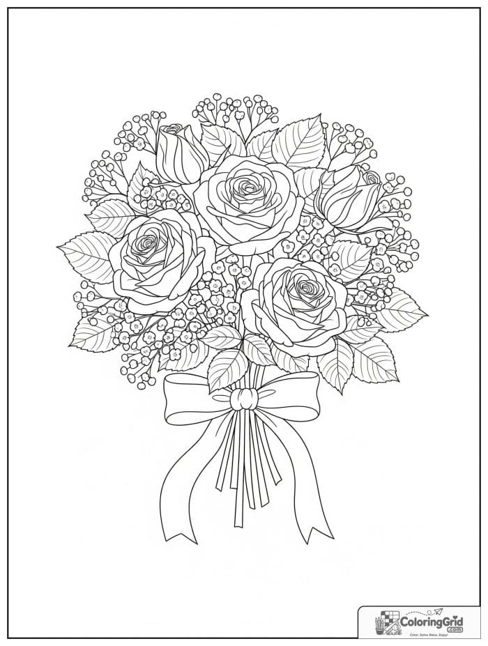 Romantic rose bouquet with baby breath flowers coloring page