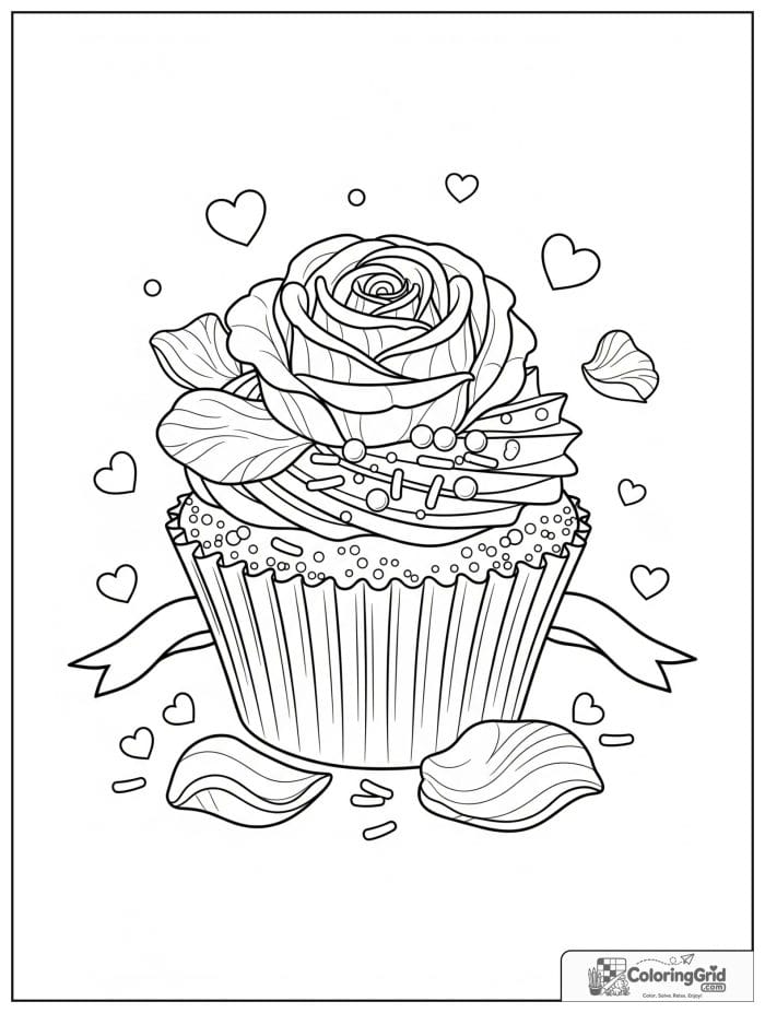 Rose cupcake with rose-shaped frosting coloring page