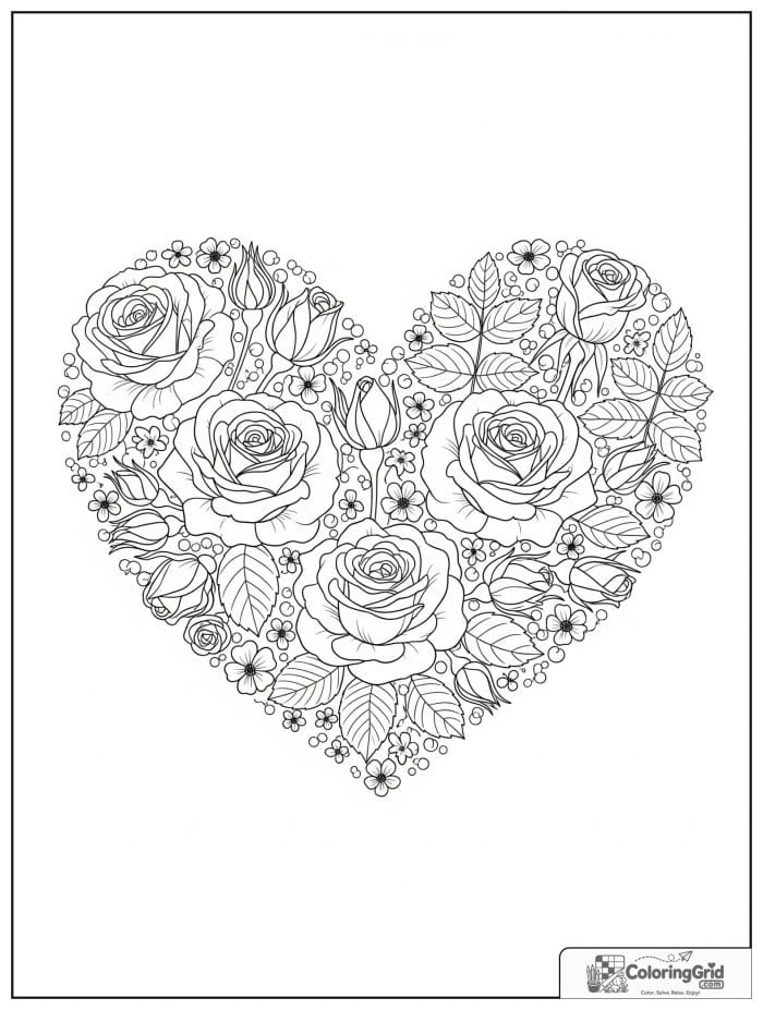 Heart design made from roses and rosebuds coloring page