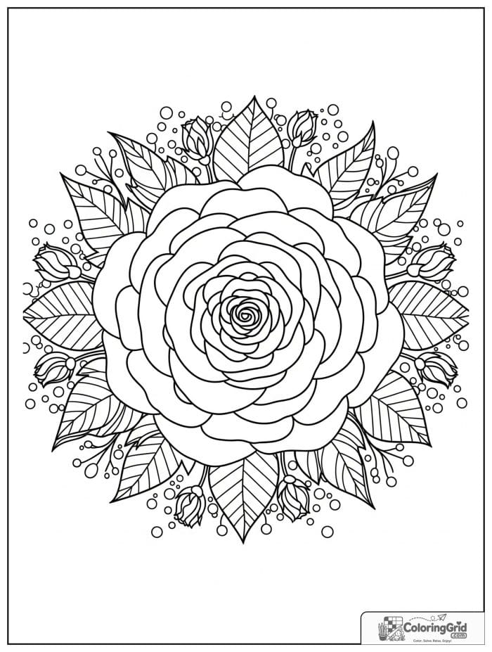 Rose mandala coloring page with layered petals and vines