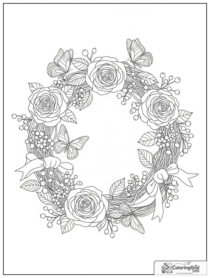 Rose wreath with butterflies and ribbons coloring page