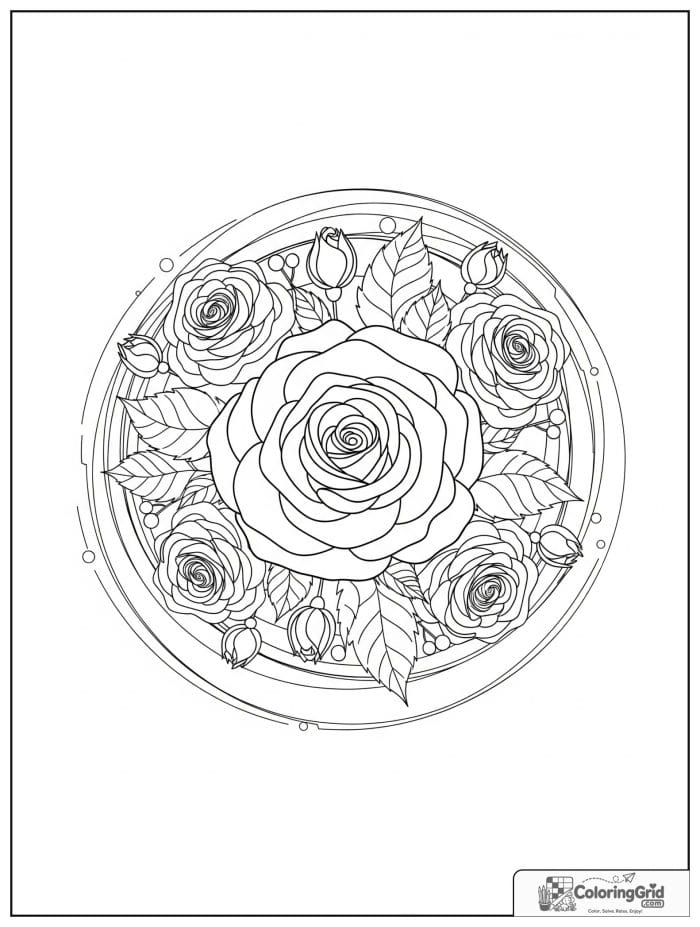 Simple rose easy mandala coloring page with large petals