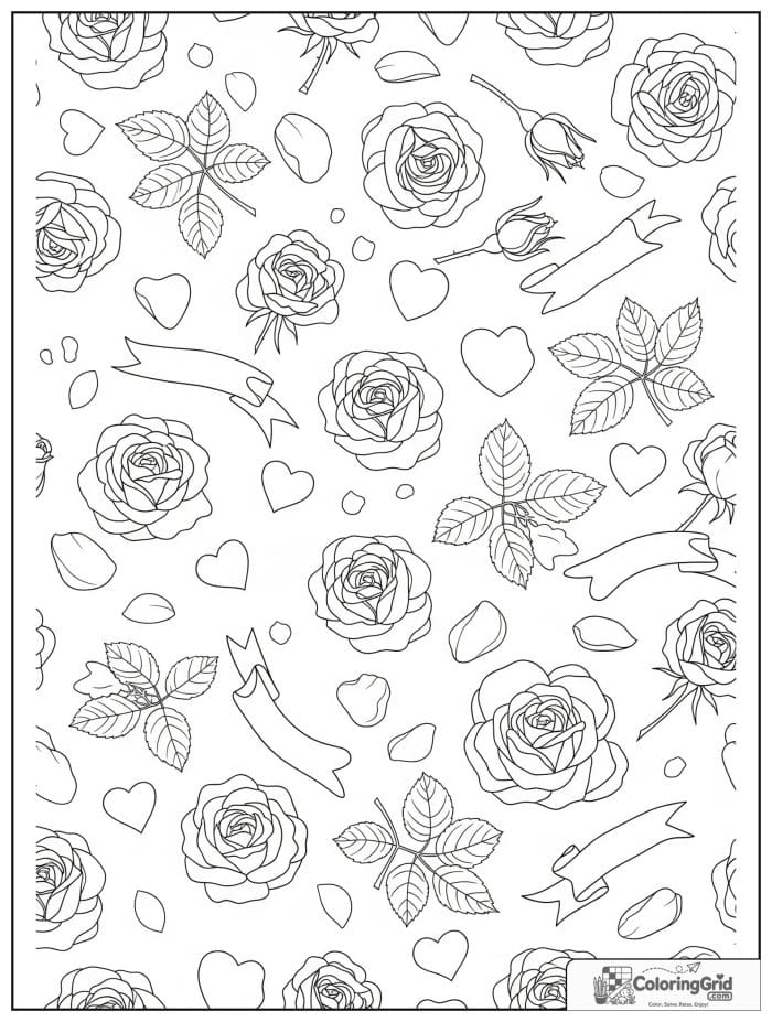 Simple rose pattern with roses leaves and petals coloring page