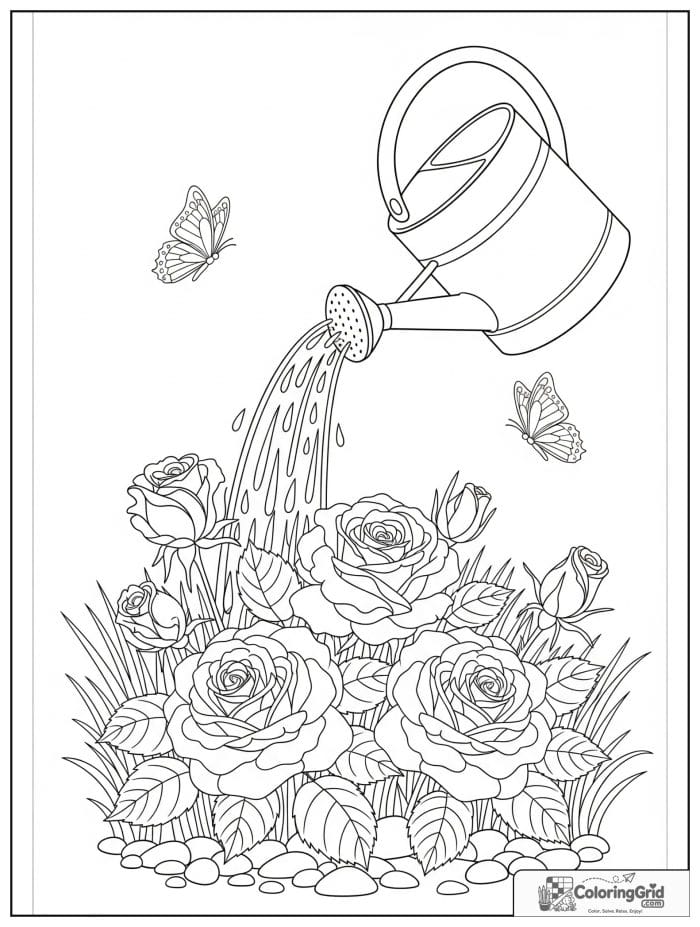 Garden watering can pouring water onto blooming roses coloring page
