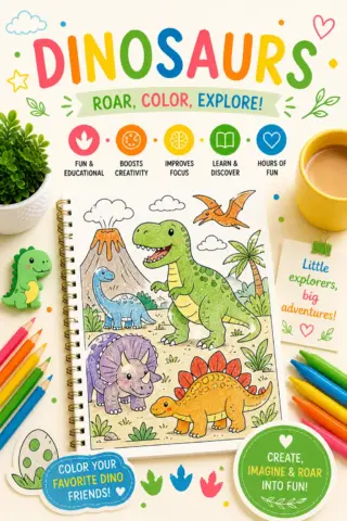 Dinosaur coloring pages with T. rex, triceratops, stegosaurus, baby dinosaurs, volcanoes, and printable designs for kids