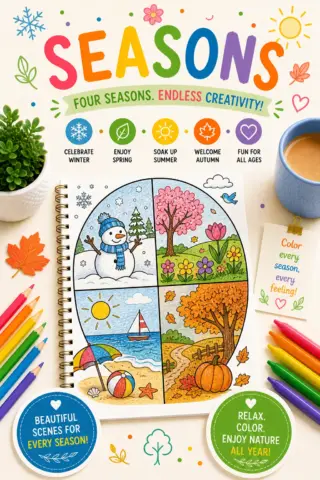Seasons coloring pages with spring flowers, summer sunshine, fall leaves, winter snow, and printable designs for kids
