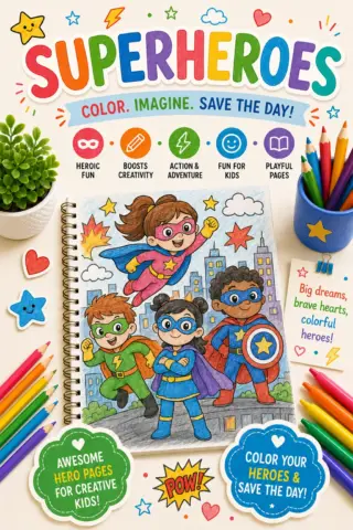 Superhero coloring pages with capes, masks, action poses, city scenes, and printable hero designs for kids