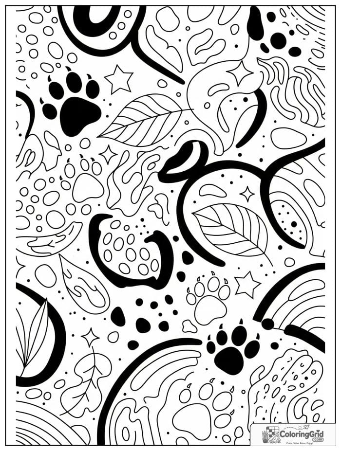 Abstract animal inspired coloring page with paw prints and leaves