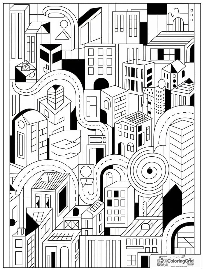 Abstract city inspired coloring page with blocks windows and rooftops