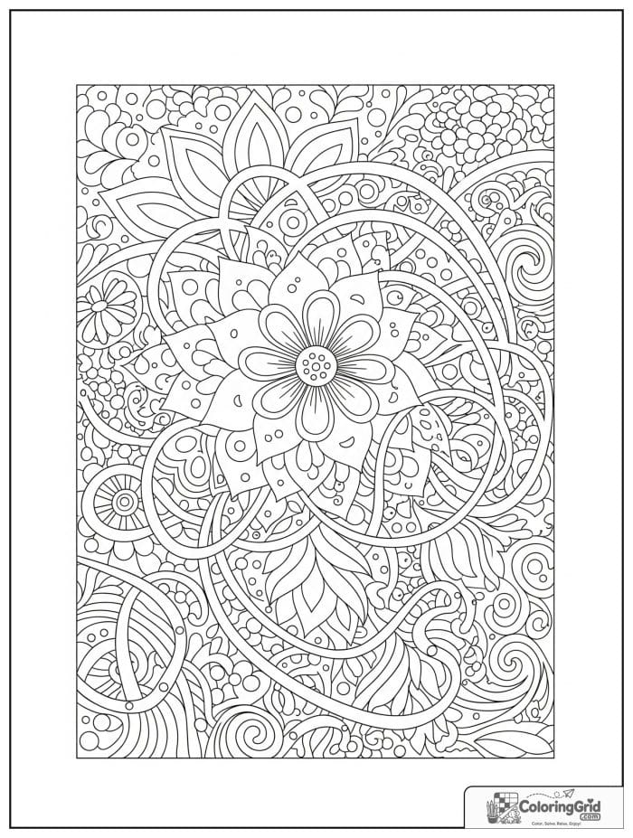 Abstract floral maze coloring page with petals vines and swirls