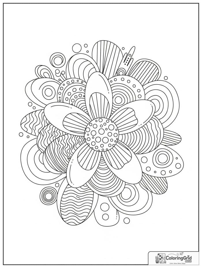 Abstract flower inspired coloring page with petals and waves