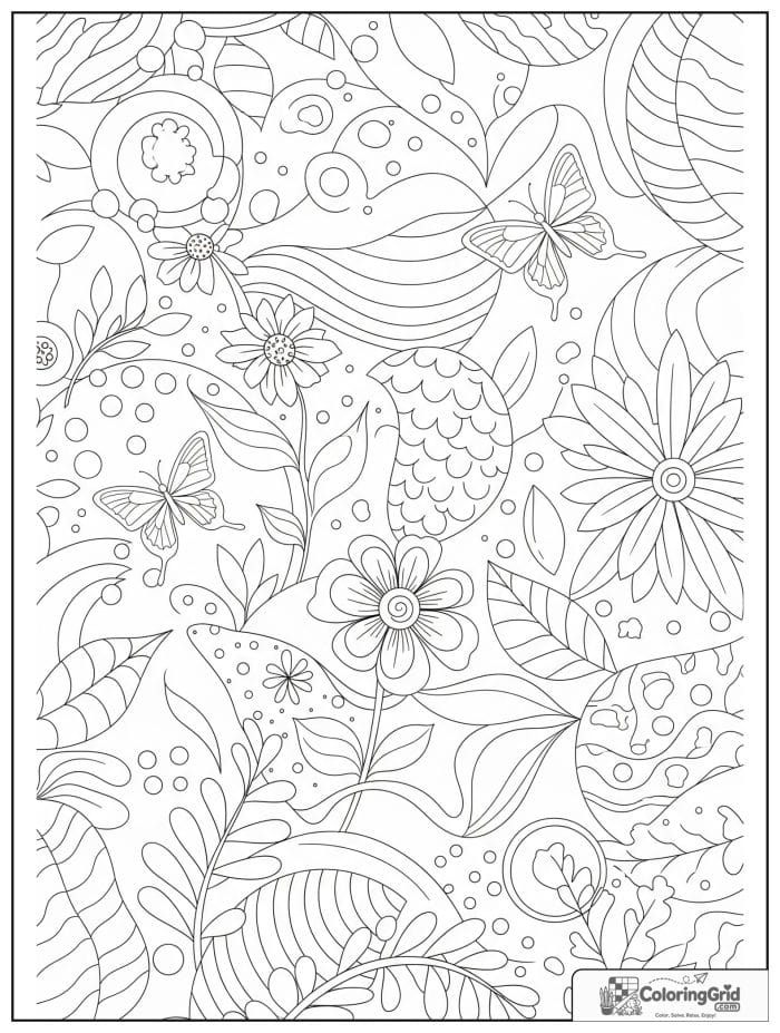 Abstract garden pattern coloring page with flowers leaves and butterflies