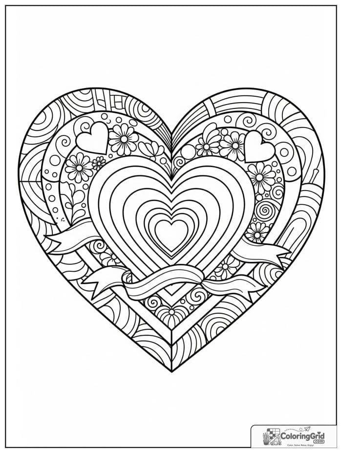 Abstract heart design coloring page with layered hearts and swirls