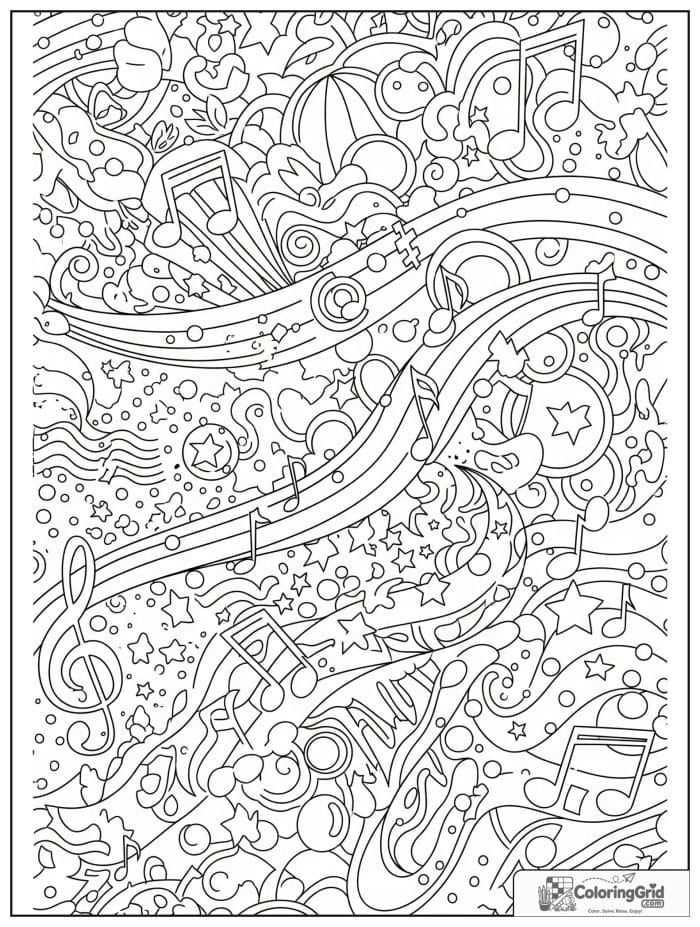 Abstract music inspired coloring page with notes ribbons and stars