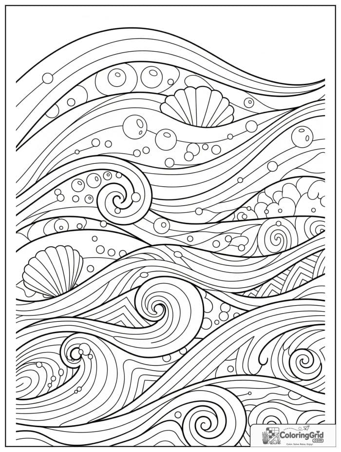 Abstract ocean wave coloring page with bubbles and shells
