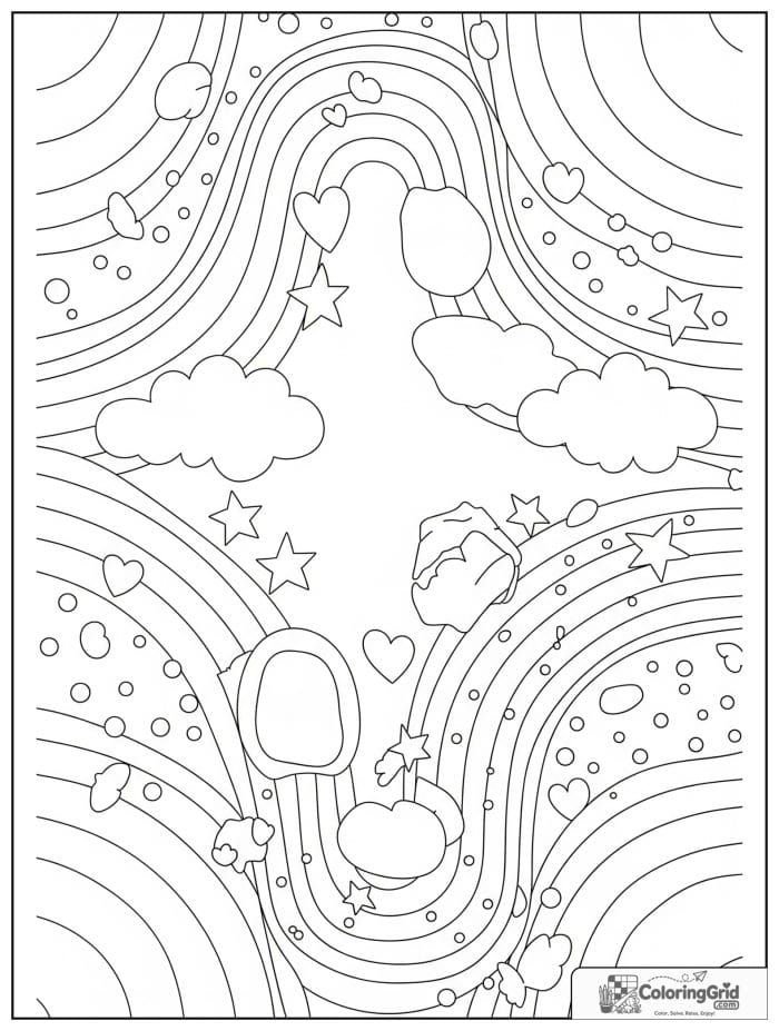 Abstract rainbow inspired coloring page with arcs clouds and stars