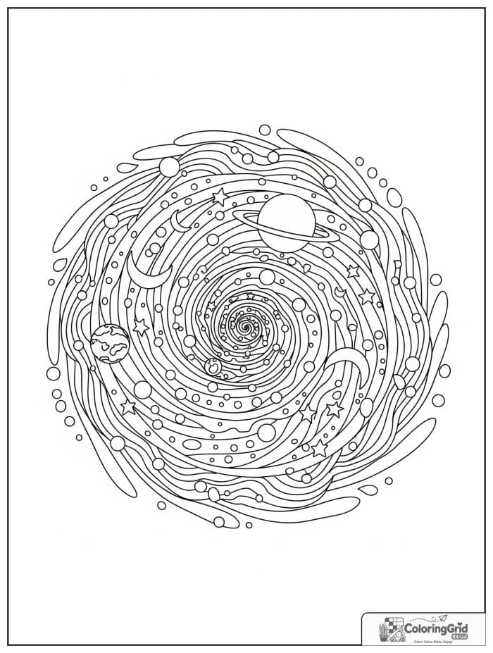 Abstract spiral galaxy coloring page with stars planets and moons