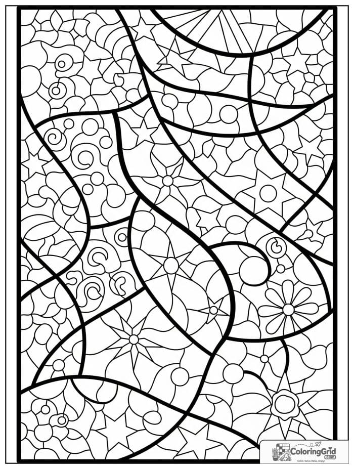 Abstract stained glass coloring page with connected shapes and bold lines