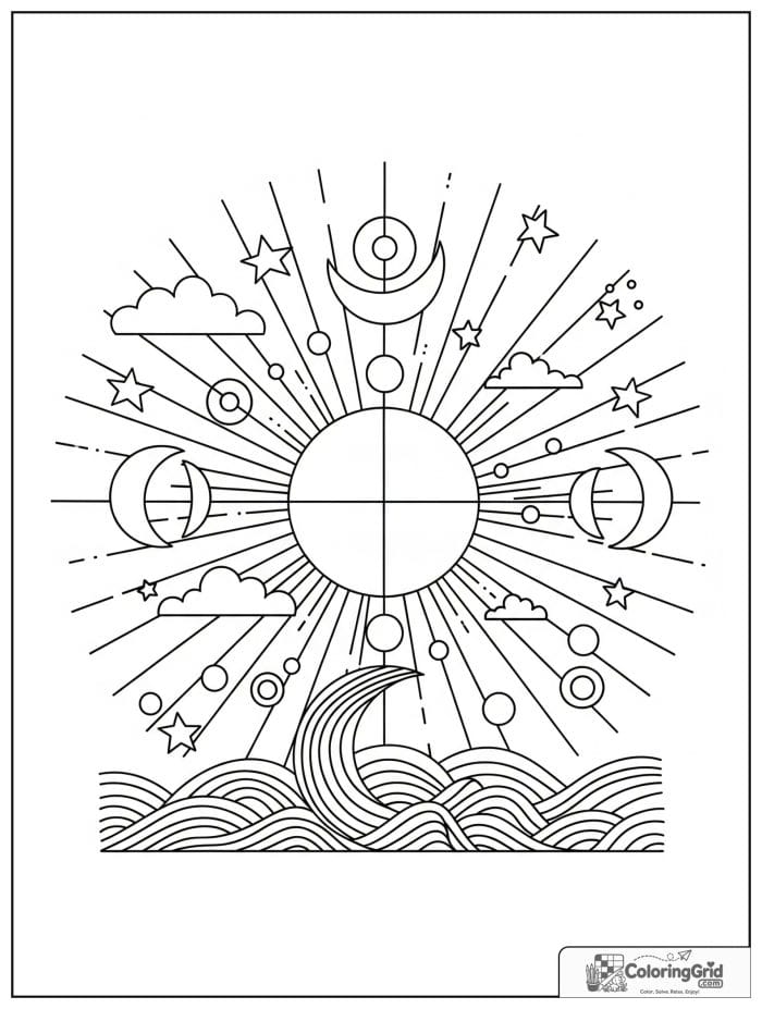 Abstract sun and moon coloring page with stars and clouds