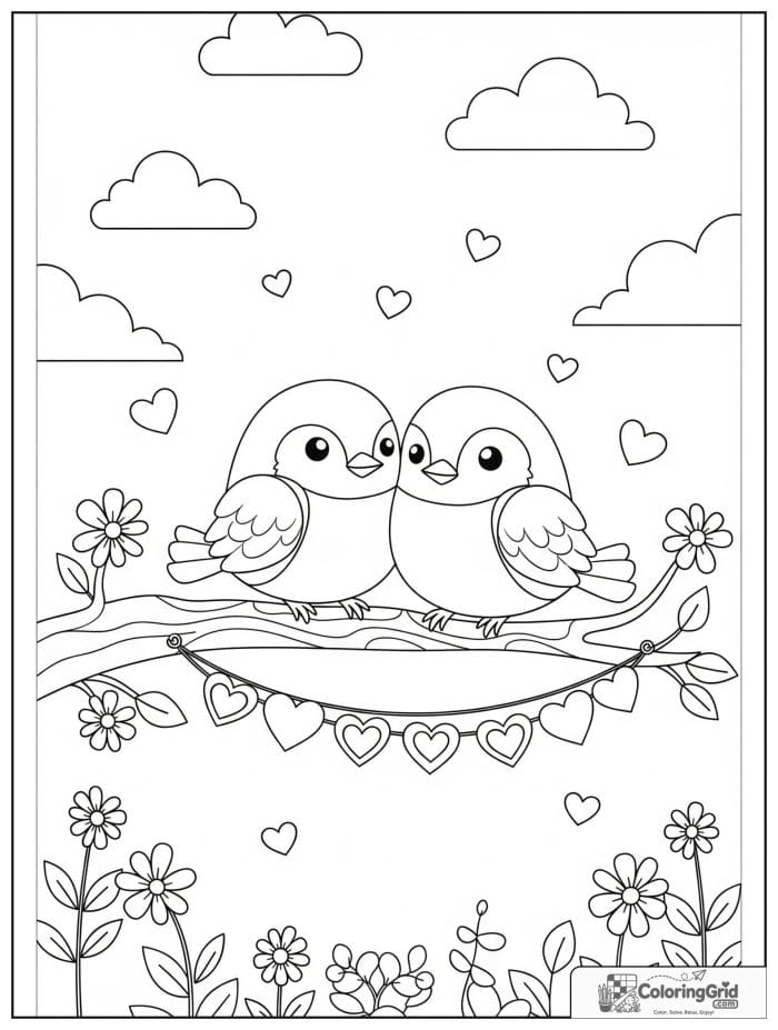 Two birds on branch with heart garland Valentine's Day coloring page