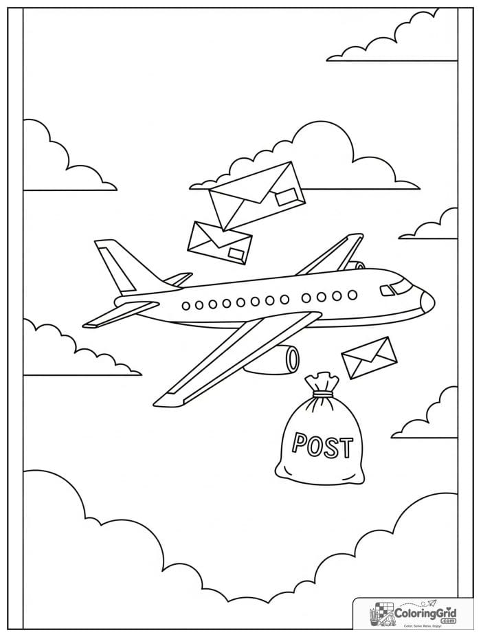 Air mail airplane with envelopes in black and white artwork.