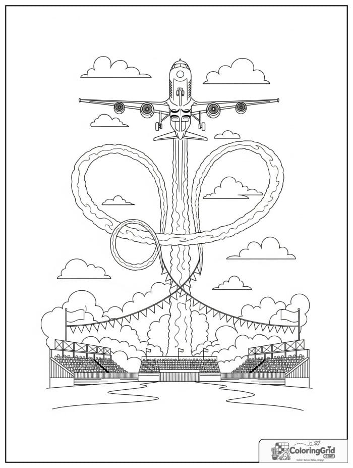 Air show airplane scene in black and white line art.