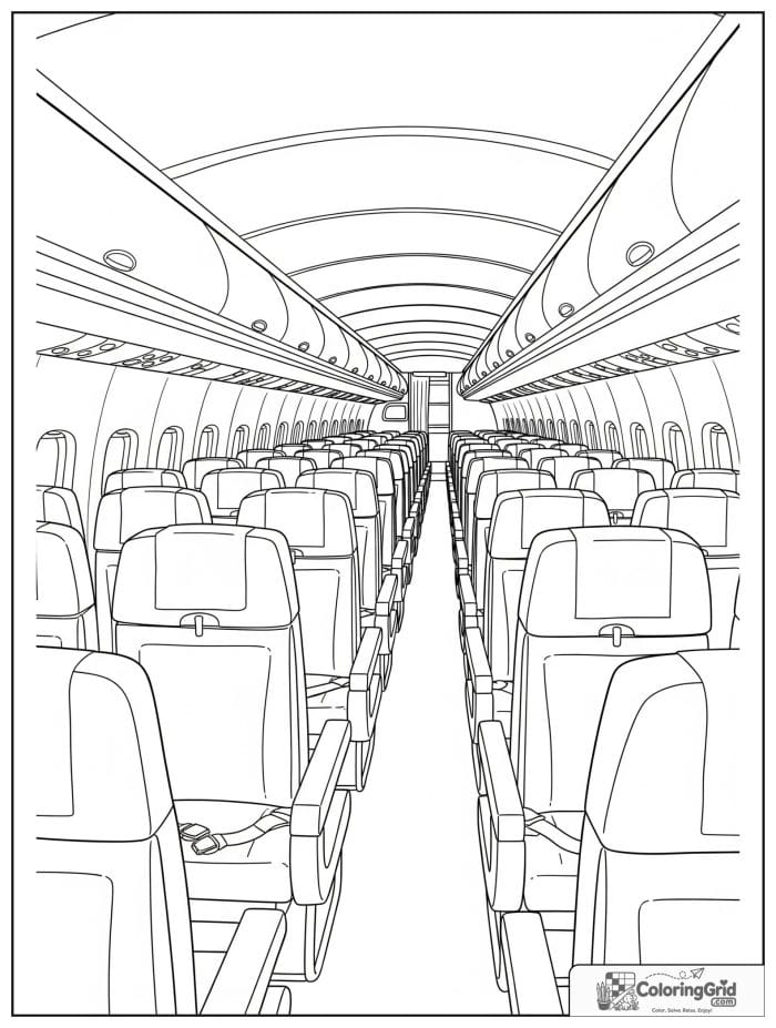 Airplane cabin interior in black and white detailed line art.