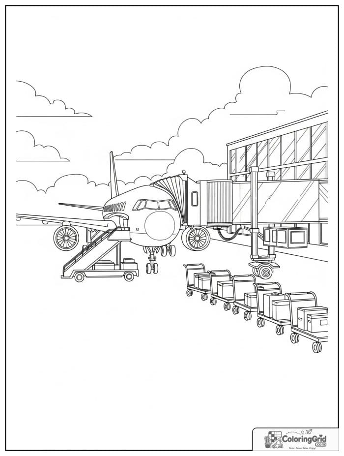 Airplane parked at an airport gate in black and white.