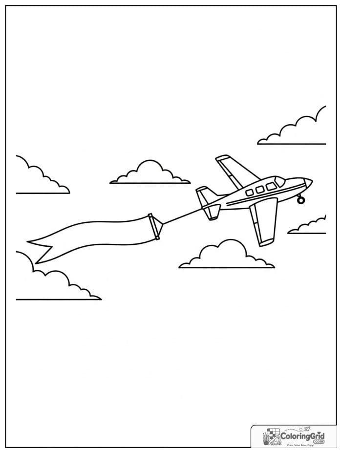 Airplane towing a banner in black and white line art.