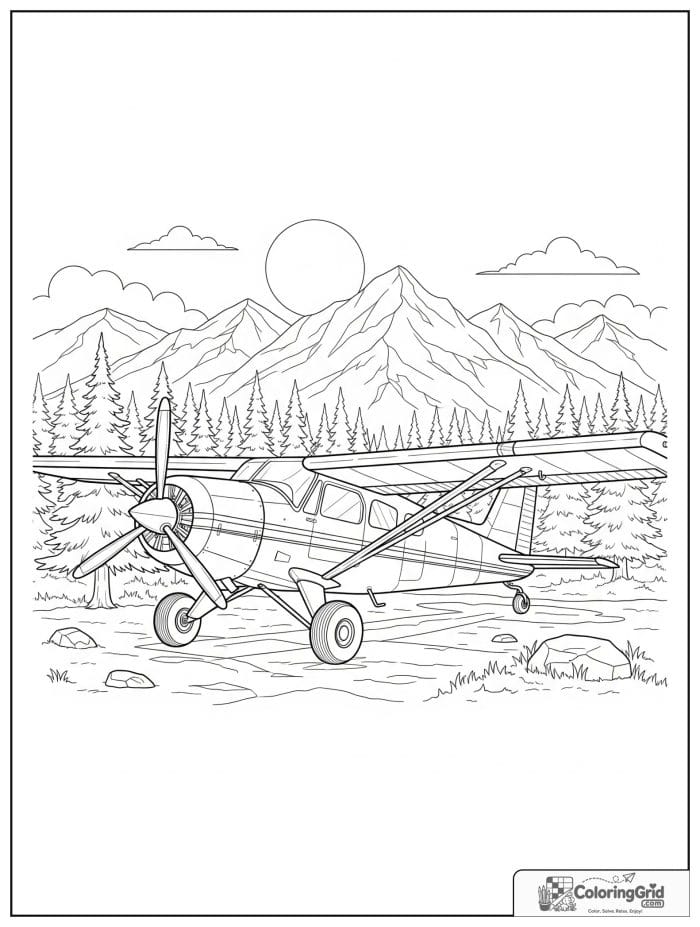 Bush plane near a forest clearing in black and white artwork.