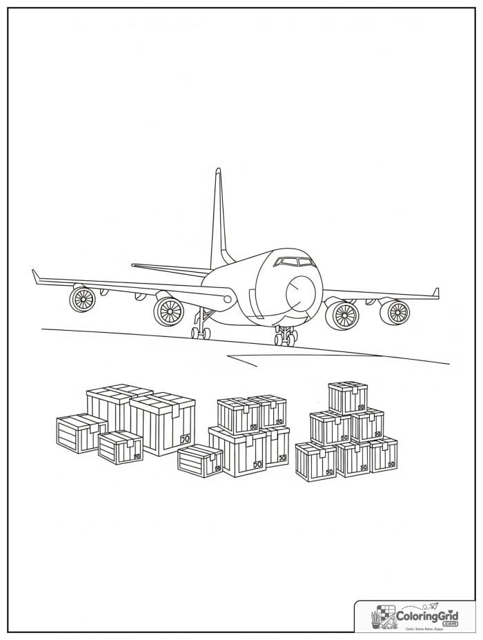 Cargo airplane with boxes in black and white artwork.