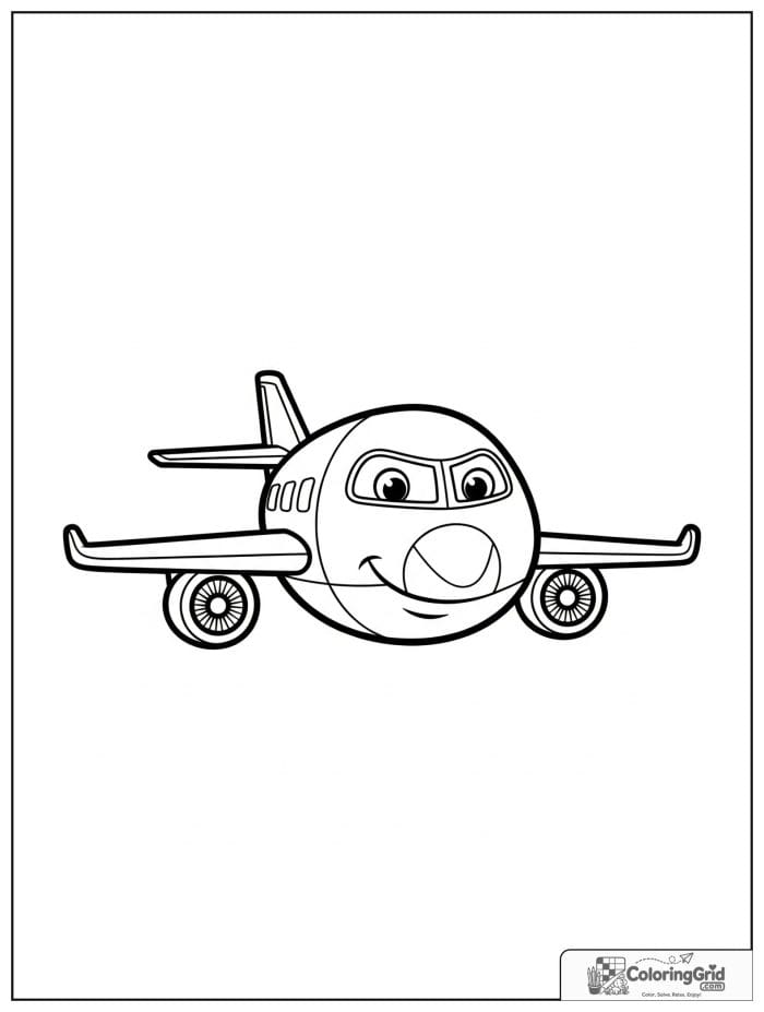 Front view cartoon airplane in black and white with simple bold outlines.