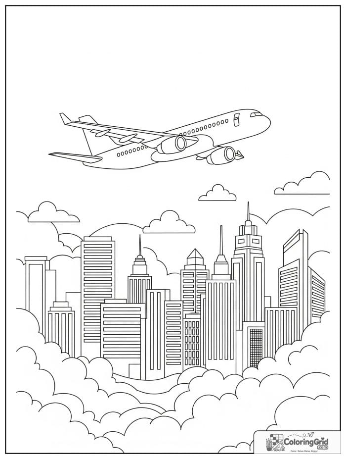 Airplane flying above a city skyline in black and white line art.