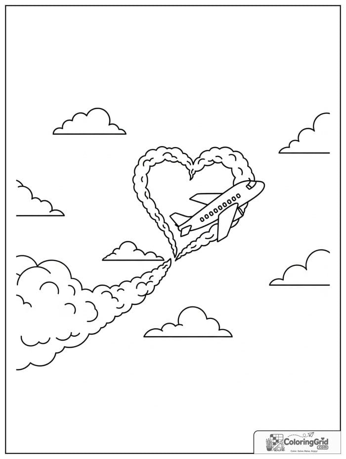 Cute airplane with a heart-shaped cloud trail in black and white.