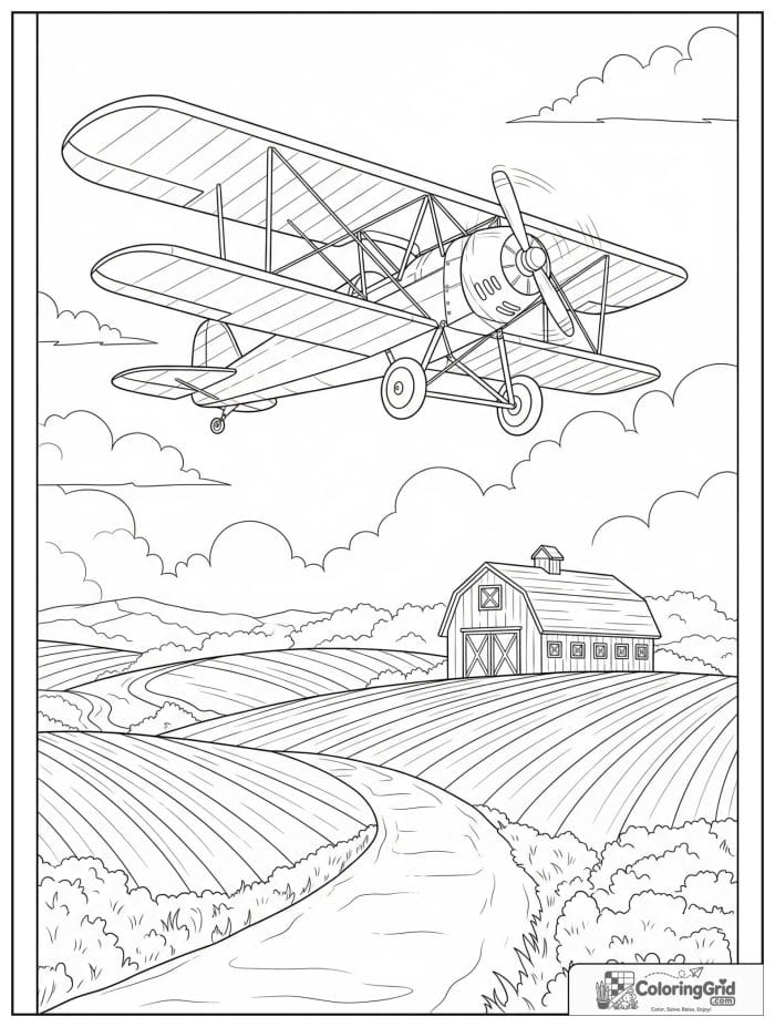 Antique monoplane over the countryside in black and white.