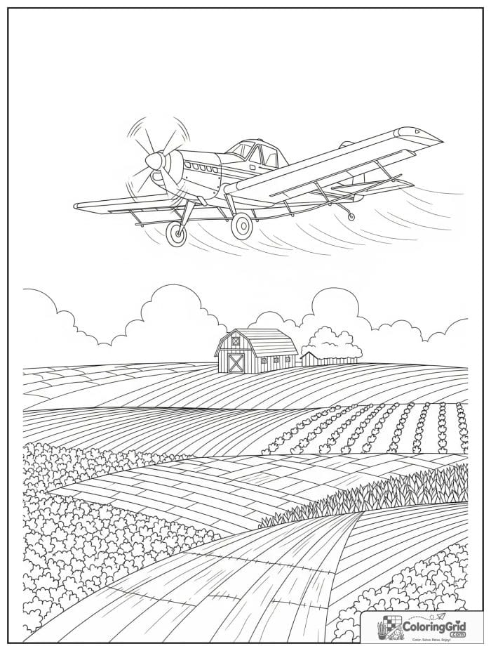 Crop duster airplane over farm fields in black and white.